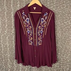 Reba Long Sleeve Embroidered Button Up Purple Blouse Boho‎ Western Women's Large